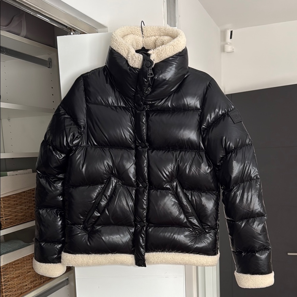 SAM Black and Cream Puffer Jacket with Glossy Finish